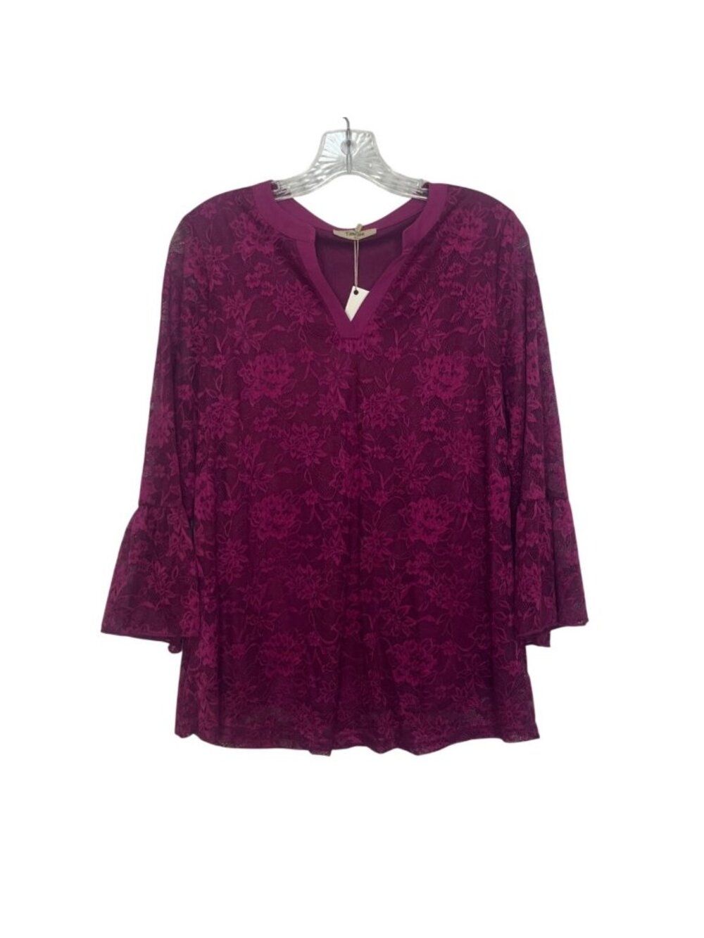Timeson Lace Floral Blouse Top 3/4 Bell Sleeve Medium Deep Pink New